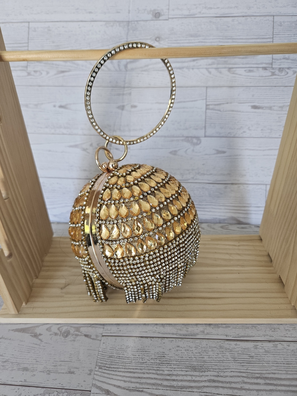 Gold Crystal Beaded Sphere Clutch Bag with Fringe